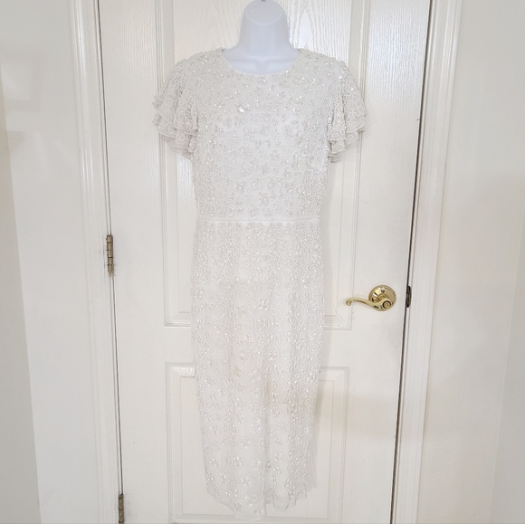 Mac Duggal | Embellished Ruffle Cap Sleeve V-Neck Midi Dress Size 6 Style 10810 - Picture 4 of 17